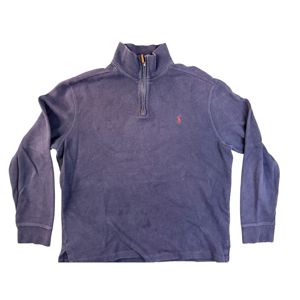 Polo Ralph Lauren Mens Large Navy Blue Cotton Quarter Zip Pullover Sweater Faded
